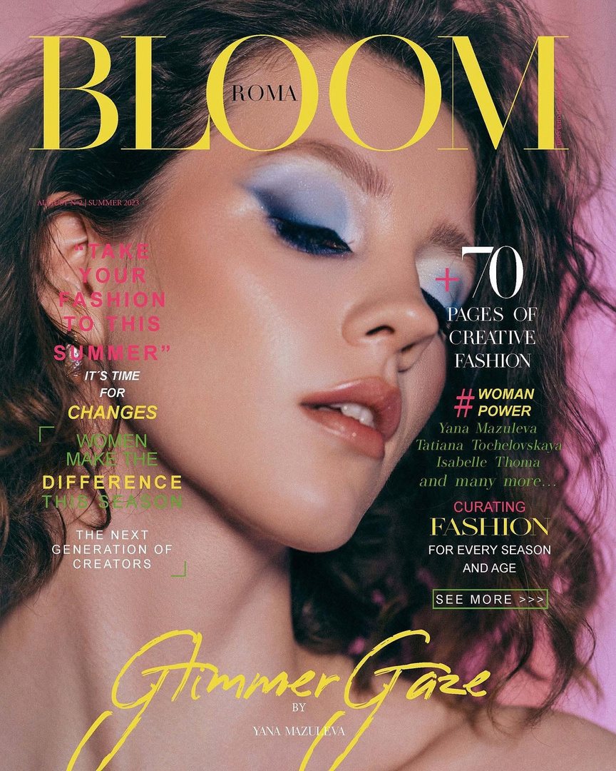 Bloom Roma cover "Glimmer Gaze": blue metallic eyeshadow and luminous skin