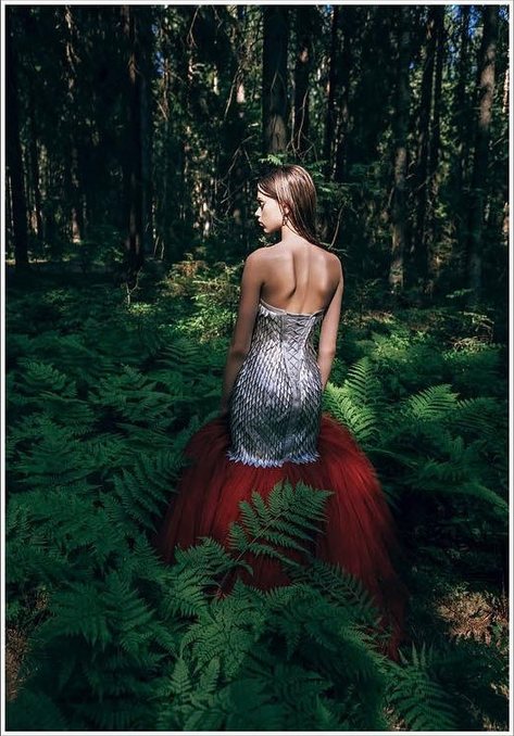 "Mermaid" story for MOB Journal: forest setting, silver and red gown