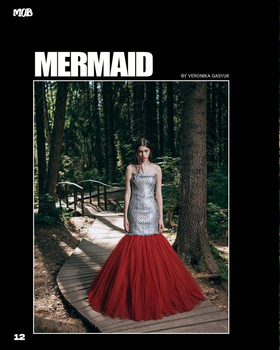 MOB Journal "Mermaid": evening gown, wet-look styling, luminous makeup