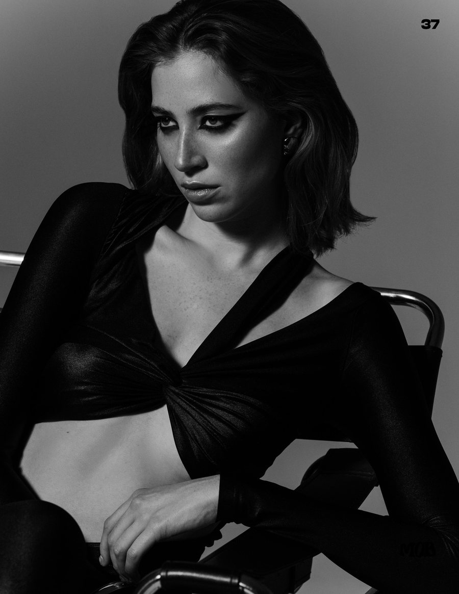Black-and-white fashion portrait for MOB Journal: graphic eyes and textured bob